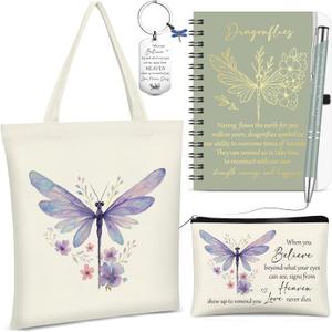 Kosiz 5 Pcs Dragonfly Gifts for Women, Cosmetic Bag, Canvas Bag, Coil Notebook, Ballpoint Pen and Keychain Inspirational Gift for Mom Teacher Office School Graduation Coworker