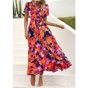 Womens V Neck Short Sleeve Graphic Print Colorblock Boho Flowy Casual Vacation A-line Maxi Dress (Multicolor, L)