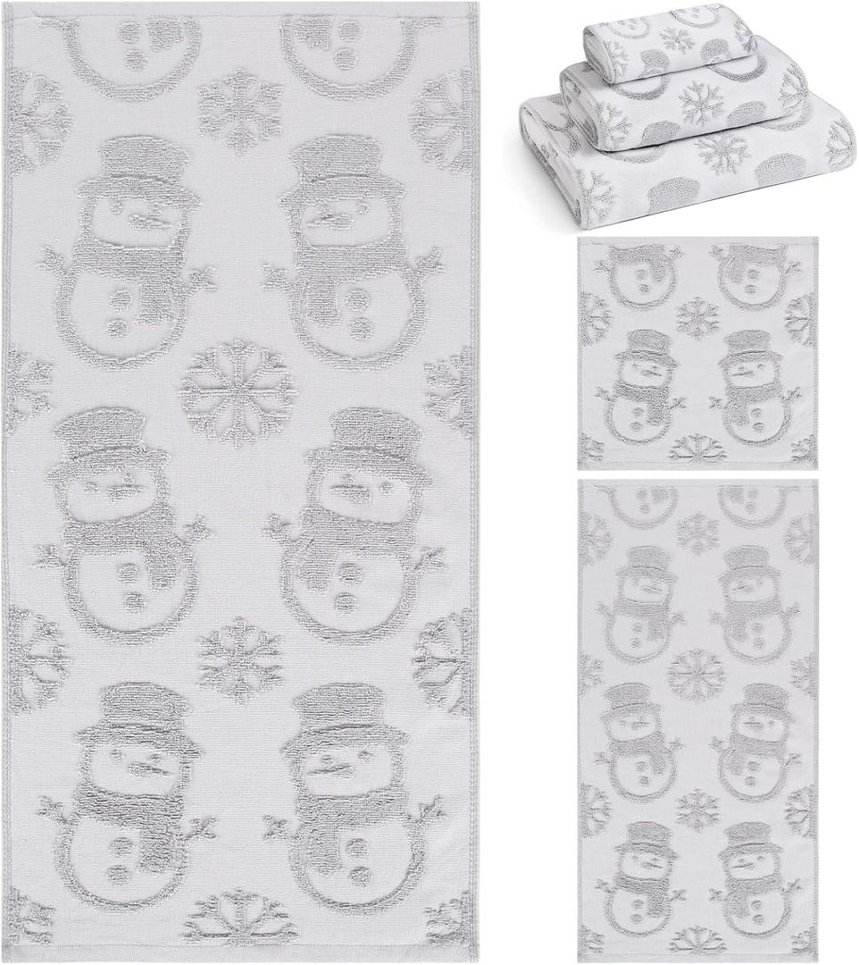 Newwiee 3 Pack Winter Snowman Bathroom Towels Set Light Gray 100% Cotton Jacquard Decorative Bath Towels Christmas Hand Towel Washcloth for Bathroom Kitchen Gym Spa Xmas Holiday Winter Gift