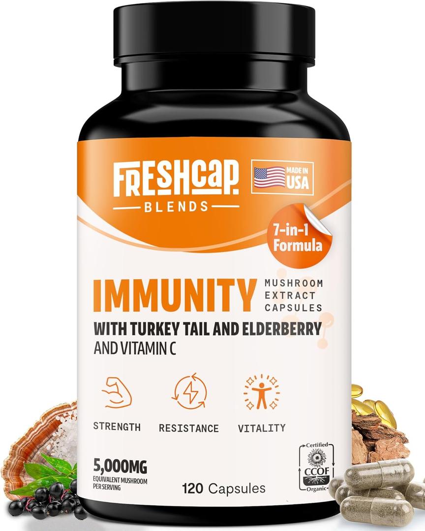 FreshCap 7-in-1 Immune Support Supplement - 5000mg Turkey Tail Mushroom Capsules, Immune Boosters for Adults, Immunity Boost Supplement, Elderberry Vitamin C and Zinc, Ayurveda (120 Capsules), BBD: 07/2025