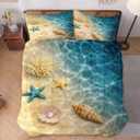 WeCozy Full Size Comforter Set with 2 Pillowcases, Summer Marine Seashell Starfish Beach Ocean 3 Pcs Soft Bedding for Kids and Adults Bedroom Bed Decor
