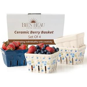 Ceramic Berry Basket, Farmhouse Colander, Farmers Market square Bowl. Rustic Kitchen decor fruit bowls, Fruit Baskets, Bleu White and Blueberry pattern Stoneware Harvest Bowls Set of 3