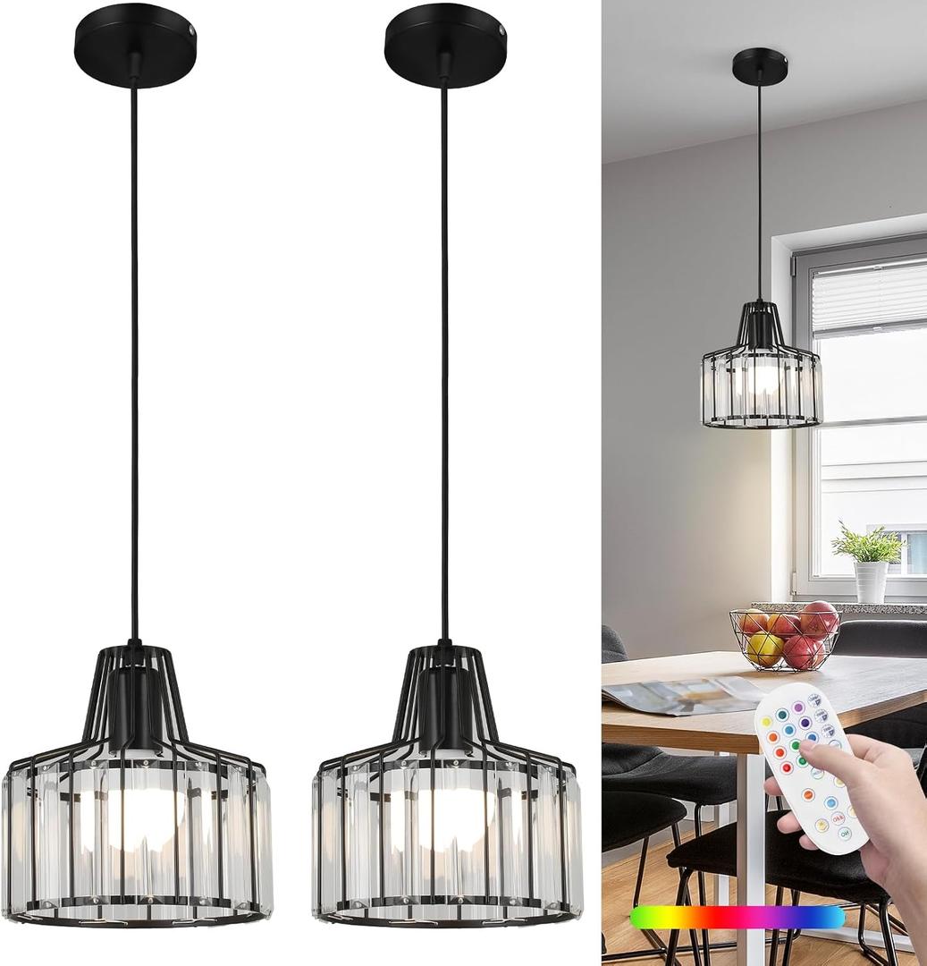 Battery Operated Pendant Lights,Rechargeable Pendant Light with Remote,Crystal LED Pendant Light Fixtures for Kitchen Island,Black Modern Hanging Lights for Bedroom,Dining Room Hallway Entryway