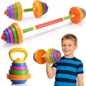 AuntyFey Kids Workout Equipment, 3 in 1 Adjustable Weight Toy Equipment for Children Pretend Play Exercise, Toddler Beginner Gym, Fitness for Birthday Gifts (Dumbbell, Barbell, Kettlebell