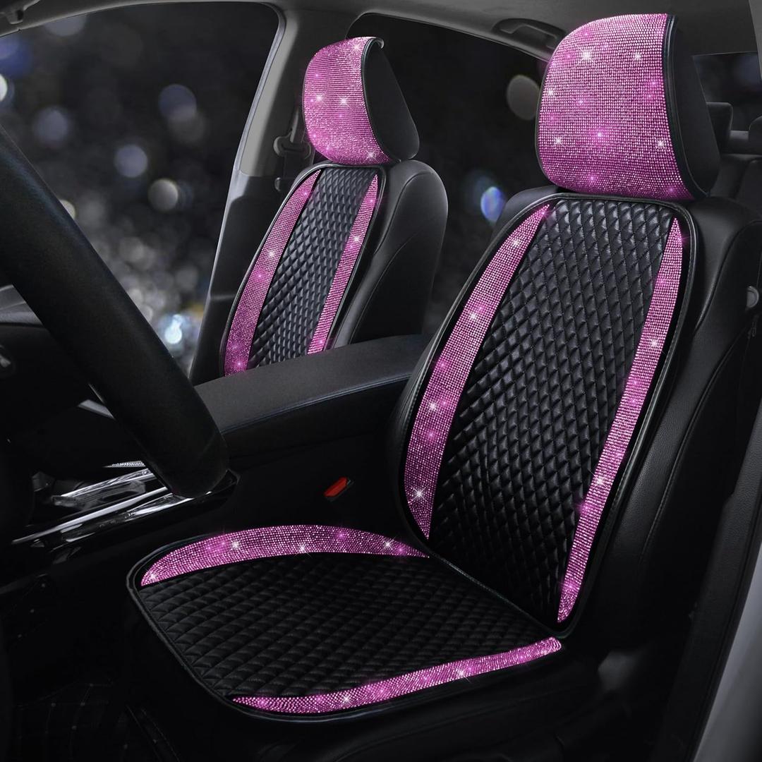 Luxury PU Leather Car Seat Cover Protector Bling Rhinestones Diamond Front Auto Seat Protector Pad for Girls Women or Ladies Auto Sparkling Crystal Universal Interior Accessories Pink 2Seats