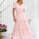 Caracilia Womens 2026 Spring Wedding Guest Maxi Dress Summer Boho Floral Short Sleeve V Neck Beach Vacation Tea Party Dresses (Pink, L)