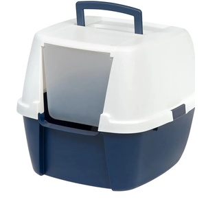 Large Covered Cat Litter Box with Front Door Flap | Enclosed Design & Handle Blue/White, Kitty Litter Box for indoor cats