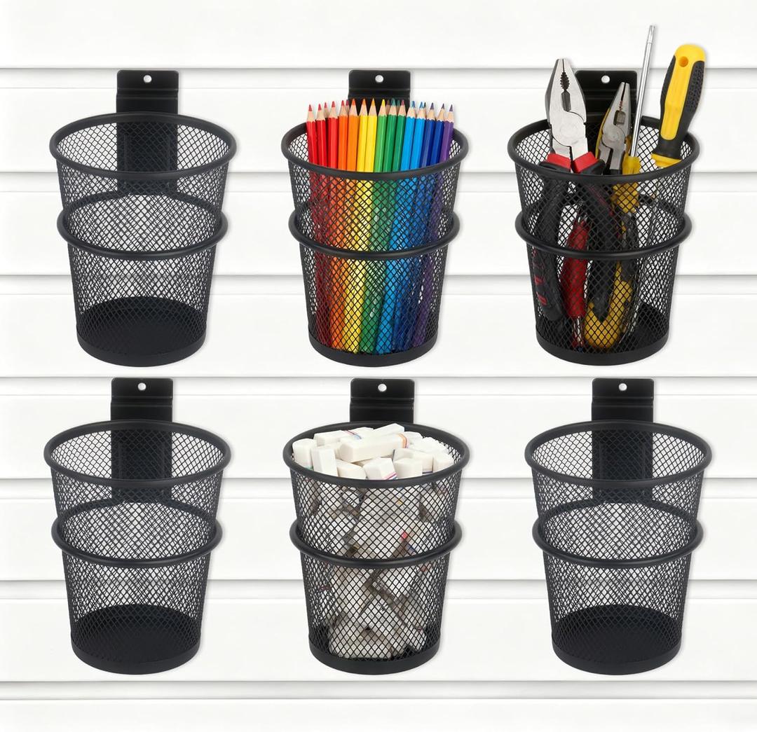 Klmnop 6 Set Slatwall Cups with Hook Loops, Metal Mesh Pencil & Tool Holder Organizer, Slat Wall Bin Accessories for Garage Workshop Office Storage (Black)