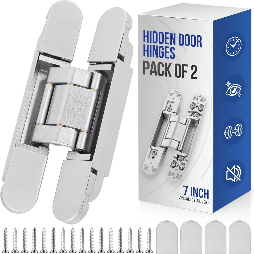 7" Hidden Door Hinges Invisible Hinges, Zinc Alloy Concealed Hinges Silent Invisible Door 3 Way Adjustable & 180 Swing Butt Hinge 7*2.8*1inch SilverPack of 2(Fits Only Doors Over 40mm Thickness)