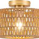 Rattan Ceiling Light, 1 Light Bohemian Modern Woven Flush Mount Ceiling Light, Boho Light Fixture for Bedroom Living Room Dining Room, Gold Finish