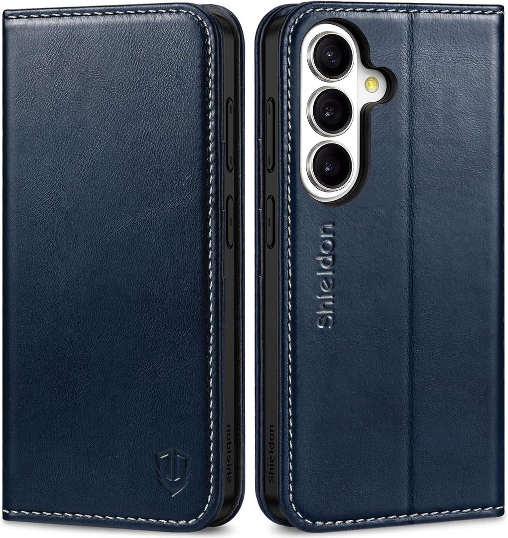 SHIELDON Case for Galaxy S26 6.3" 2026, Genuine Leather Folio Wallet Magnetic Kickstand RFID Blocking Card Slots Shockproof Full Protection Cover Compatible with Galaxy S26 5G - Retro Dark Blue