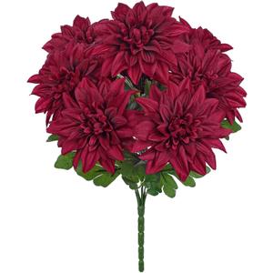 Hollyone Dark Red Artificial Dahlia Flowers Bush 7 Heads Silk Fake Dahlias Flowers with Stems Wedding Bouquets Faux Dahlia Flowers Arrangements for Outdoor Indoor DIY Table Centerpieces Home Decor