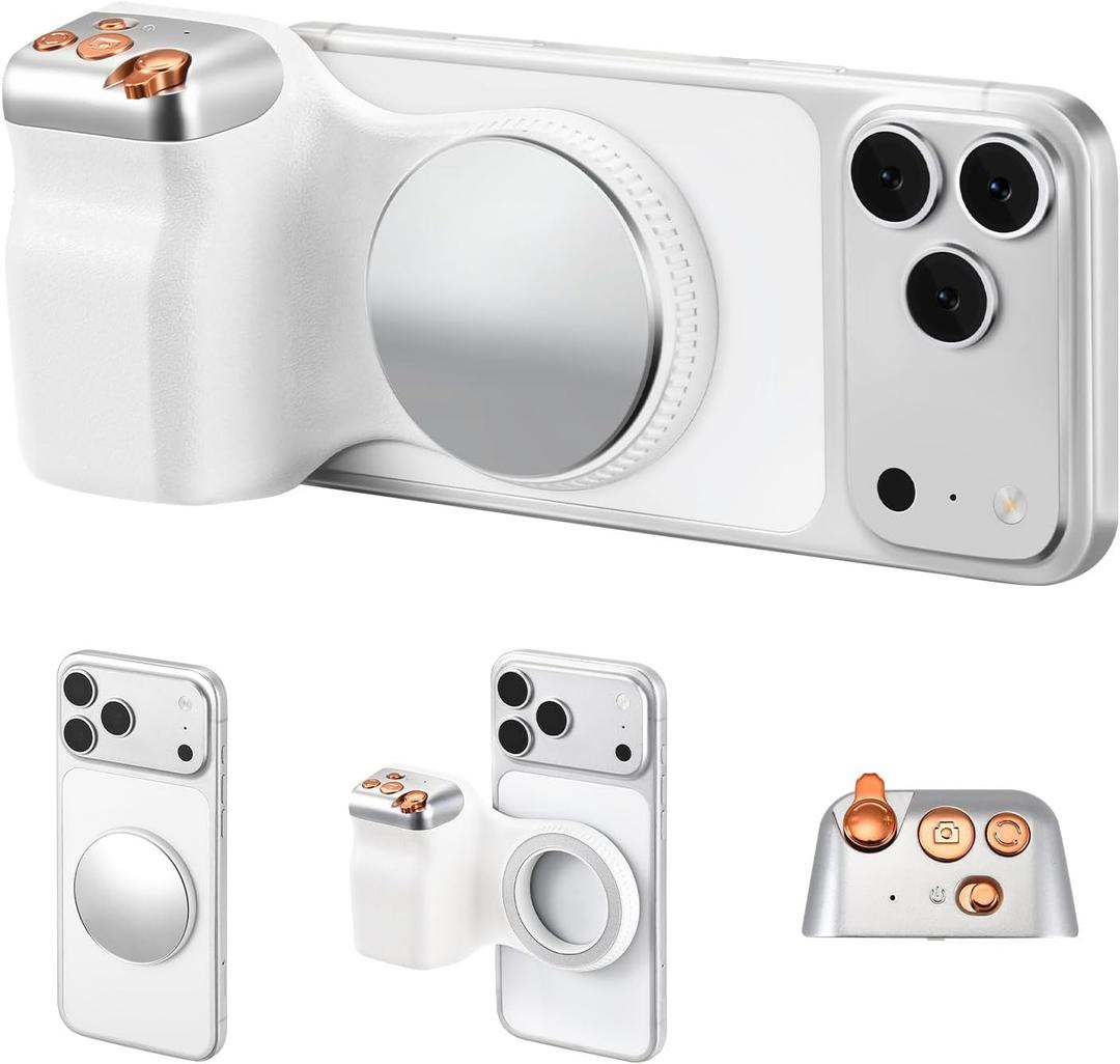 Magnetic Phone Camera Grip, DSLR Style Smartphone Handle Holder with Selfie Mirror, Ergonomic Fun Shot Shutter Grip for iPhone & Android with Detachable Wireless Shutter Button for Photography & Video