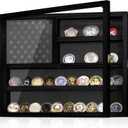 Challenge Coin Display Case, Lockable Military Coin Holder Cabinet with Removable Star Board & HD Tempered Glass Door, Solid Wood Wall Mount Coins Collection Rack Stand, Black