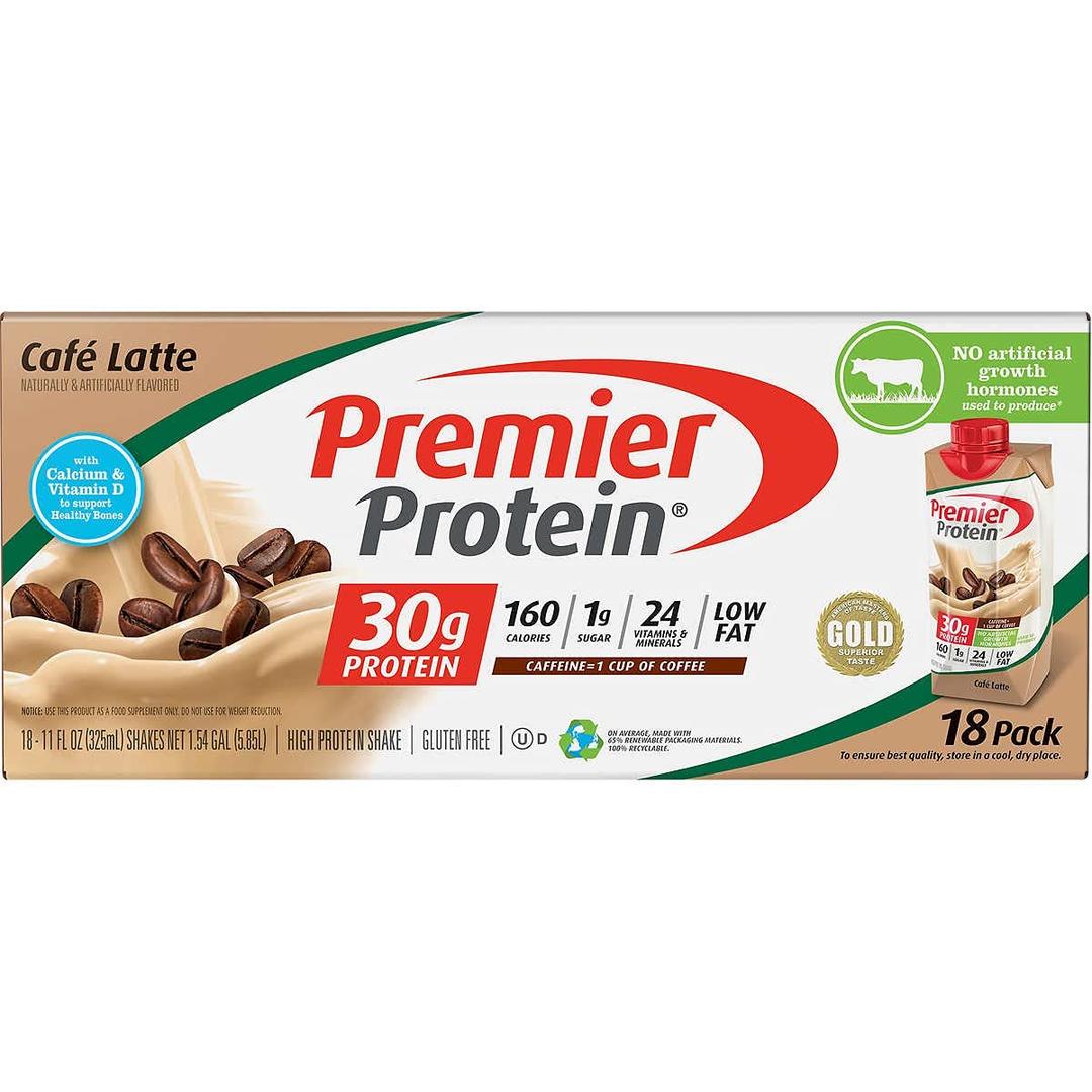 Premier 30g Protein PLUS Energy and Immune Support Shakes, Cafe Latte, 11 fl oz, 18-pack
