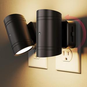 Night Light, Rotating Night Lights Plug into Wall, Dimmable 0-100LM Adjustable Brightness Soft White 3000K Automatic with Light Sensors Up and Down Glow, LED Night Light for Kids, Bathroom, 2 Pack (Black-3000K-1)