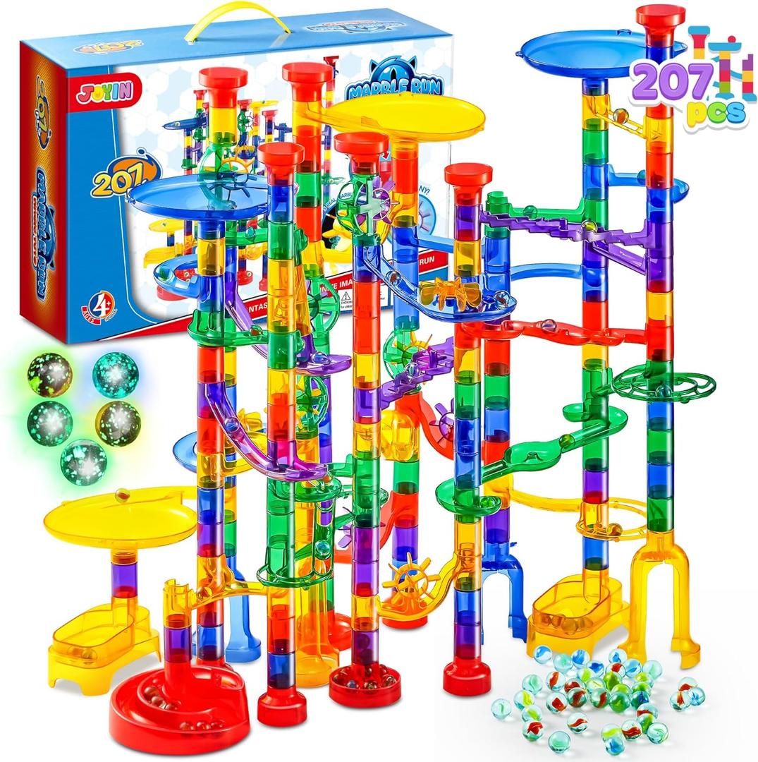 JOYIN 207Pcs Glowing Marble Run, Construction Building Blocks Toys with 5 Glow in The Dark, STEM Toy for Boys and Girls, Educational Toy, Gift for Christmas