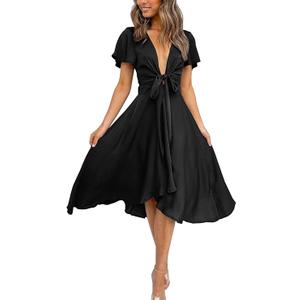  miduo Womens Satin V Neck Ruffle Short Sleeve Tie Front High Waist Midi A-Line Maxi Dresses, Size Large