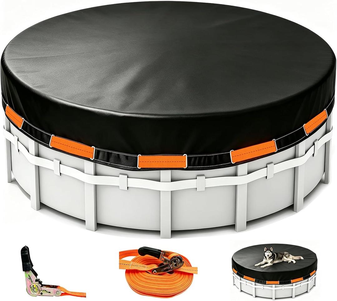 18 FT Round Pool Cover, Heavy Duty PE Waterproof Cover with Ratchet Straps, Wide Flat Webbing, Year-Round Protection