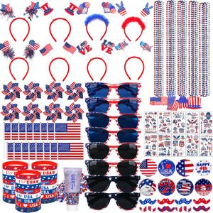 205PCS 4th of July Accessories Set Patriotic Party Favors Tattoo Stickers Glasses Headbands Bracelets Necklaces Glitter USA Flag for Independence Day Memorial Day 250th Decorations, Red White and Blue