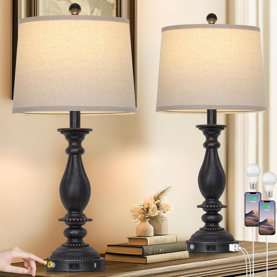 28" Tall Farmhouse Table Lamps for Living Room Set of 2,Vintage Rustic Black Bedside Touch Lamp with USB C+A Ports & AC Outlet, 3-Way Dimmable Resin Nightstand Lamp for Bedroom Entryway Office