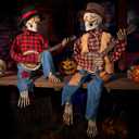 Halloween Animatronics Banjo Skeletons Duo Decorations, Animated Skull with Sound Activated Funny Voice Light Up Eyes, Playing Musical Plug-in Powered Halloween Prop Decor for Indoor Outdoor Yard Lawn