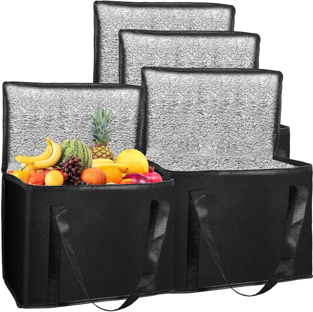 4Pk Insulated Grocery Bags, Large Cooler Bag for Groceries, Heavy Duty Insulated Shopping Bag Cooler Tote Bags with Zippered Top, Food Delivery Bag for Hot Cold Frozen Food,Travel,16"x12.2"x10.2"