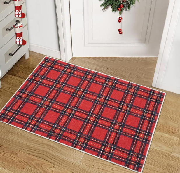 ROYHOME Christmas Entryway Carpet Xmas Buffalo Plaid Small NonSlip Stain Resistant Washable Floor Cover Holiday Decorative Gingham Check Accent Rug for Entrance Kitchen, Red, 2x3 Feet