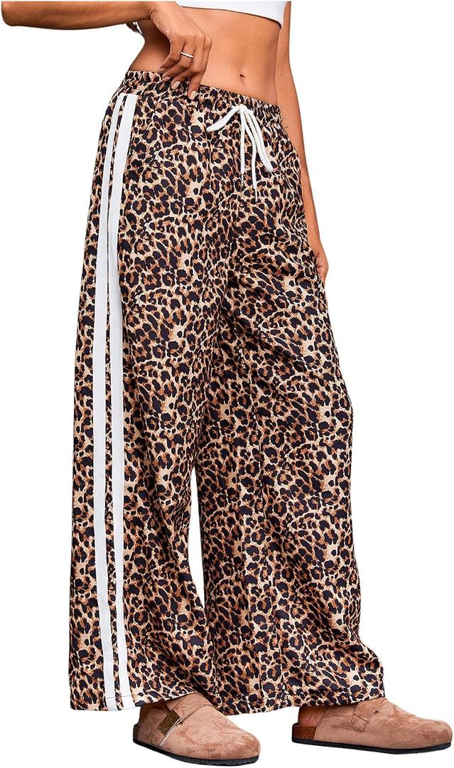 MakeMeChic Women's Leopard Print Pants Cheetah Sweatpants Drawstring Waist Wide Leg Baggy Jogger Pants, Large