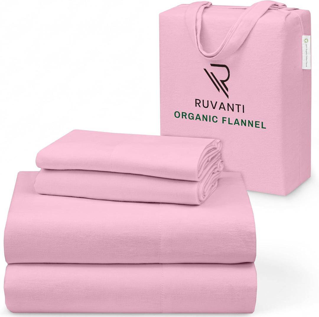 RUVANTI Flannel Sheets Queen Size - GOTS Certified 100% Organic Cotton, 4 Piece Warm, Soft & Breathable Set, Deep Pocket Snug Fit, Double Brushed Cozy All Season Bedding, Soft Pink