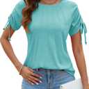 Womens Summer Casual Short Sleeve Tops Crew Neck Pleated T Shirts Blouses Drawstring Cap Sleeve Tee Tunic 2025 (Blue, M)