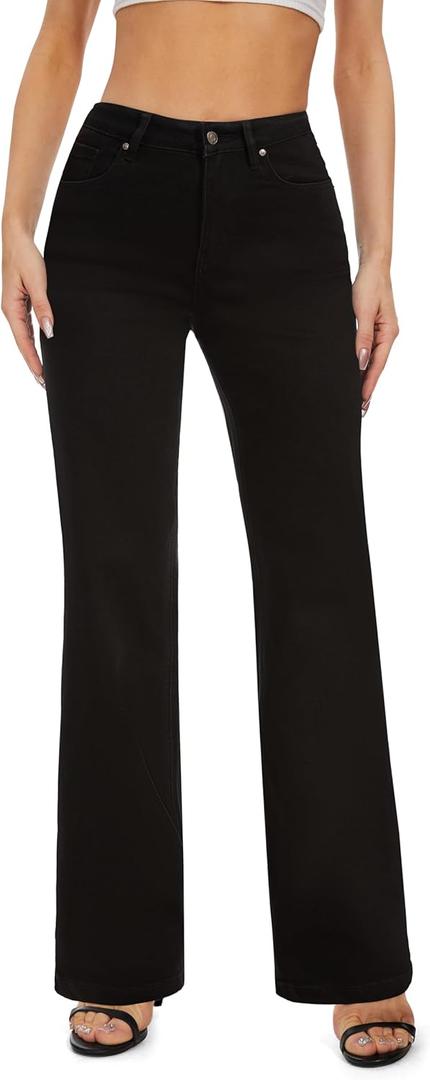 FLYING BANANA Women's High Waisted Wide Leg Baggy Stretch Denim Jeans (4, Black)