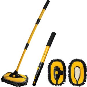YeewayVeh Car Wash Brush with Long Handle, Microfiber Car Wash Mop with Replaceable Chenille Brush Head, Soft Cleaning Brush with 15° Curved Extension Pole Car Wash Kit for RV Truck Camper, Yellow
