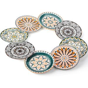 Foraineam 8 Pieces Salad Plates, 8.5 Inch Porcelain Floral Dessert Plates, Colorful Round Lunch Plate Sets for Appetizer Salad Fruit Snack, Dishwasher and Microwave Safe