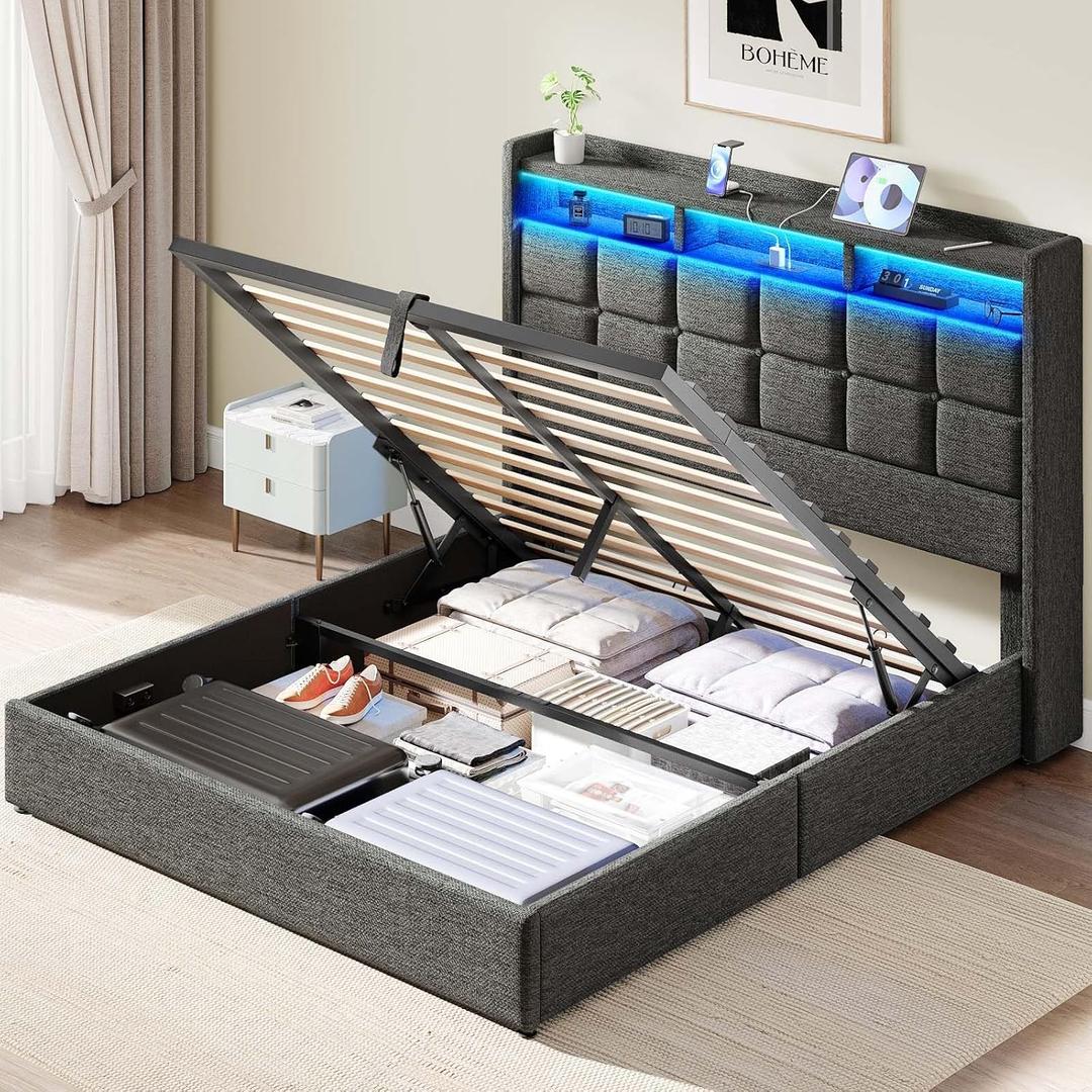 Lift Up Full Size Bed Frame with Storage, Upholstered Full Bed Frame with LED Lights Headboard and Charging Station, No Box Spring Needed, Easy Assembly - Dark Grey