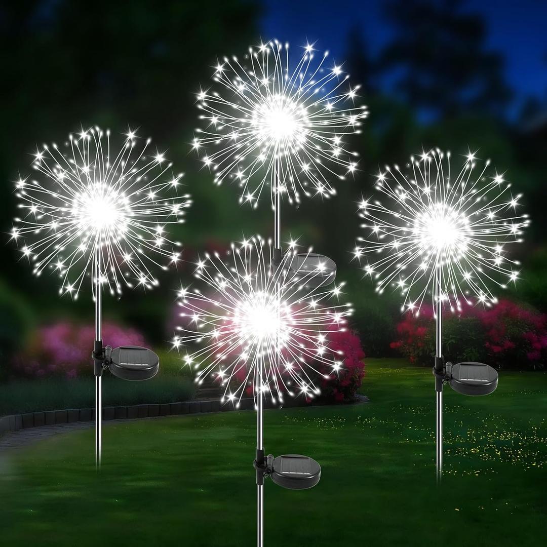 Solar Garden Lights Outdoor, 4 Pack 120 LED Twinkling Firework Lights Decorative with 2 Modes, Outdoor Waterproof Solar Starburst Light for Yard Pathway Planter Patio Decor, White