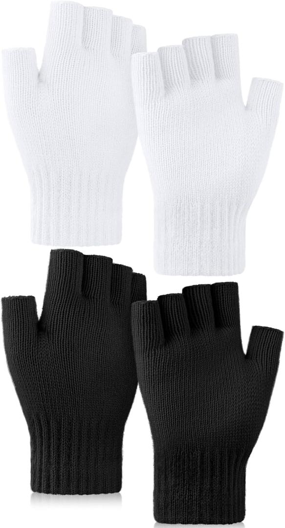 Glooarm 2 Pairs Fingerless Gloves for Women Men Winter Thick Caremere Warm Knit Stretchy Unisex Adults (Medium, Black, White)