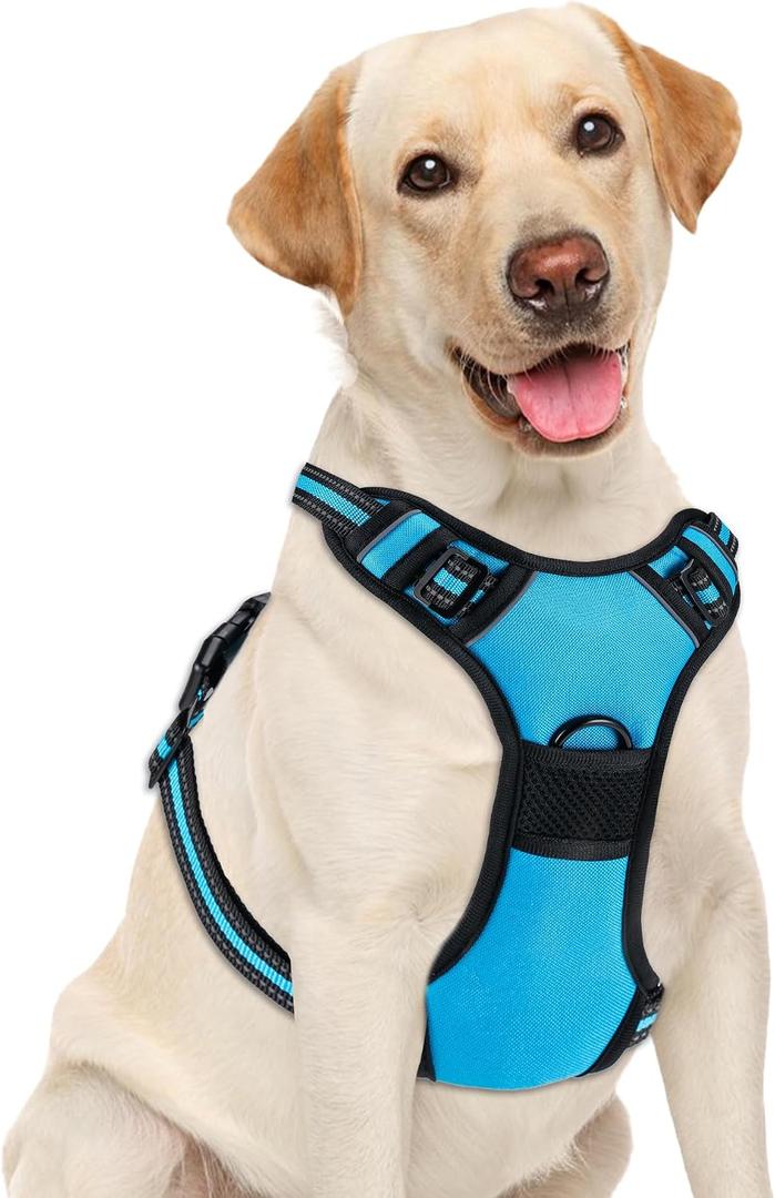 No Pull Dog Harness, Adjustable Reflective Front Clip Pet Vest with Easy Control Handle for Medium Large Dogs (Blue,L)