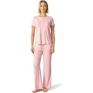 GYS Women's Bamboo Viscose Pajamas Short Sleeve Sleep Shirt and Flare Pj Pants Sleepwear Set (S)