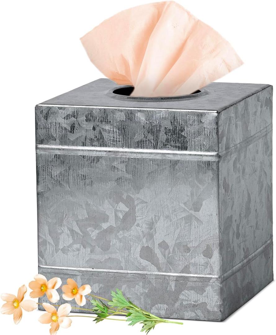 Autumn Alley Square Rustic Tissue Box Cover - Industrial Farmhouse Galvanized Tissue Box Holder - Perfect Rustic Style Decor  Galvanized Bathroom Accessories (Grey)