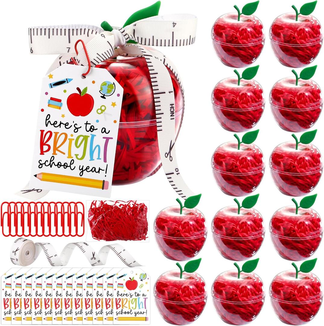 12 Sets Plastic Apple Container for Teacher, Large Apple Shaped Candy Jars Boxes, Teacher Week Appreciation Gifts Bulk Graduation Back to School Ornaments for Party Favor (Clear School)