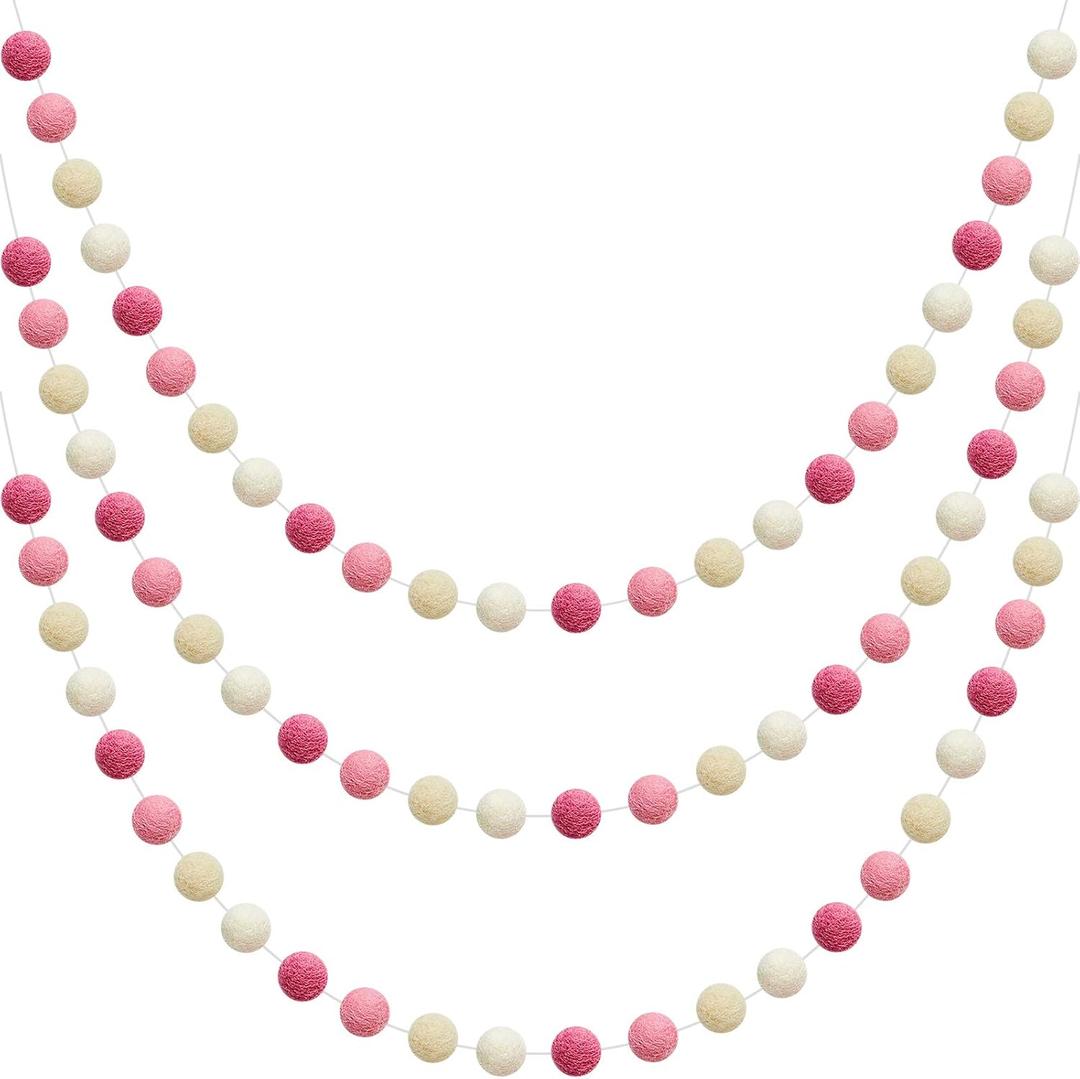WILLBOND 3 Pieces Wool Felt Rainbow Ball Garland Colorful Pom Pom 6.5 ft Long 24 Ball Garland for Easter Mardi Gras Halloween Thanksgiving Xmas Black History Month (Pink,Light Pink,Beige,White)