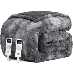 EHEYCIGA Faux Fur Heated Electric Blanket King Size - 9 Heating Levels, 10 Hours Auto Off, Soft Cozy Washable Dual Control With Fast Heating, 90 x 100 Inches (Grey)