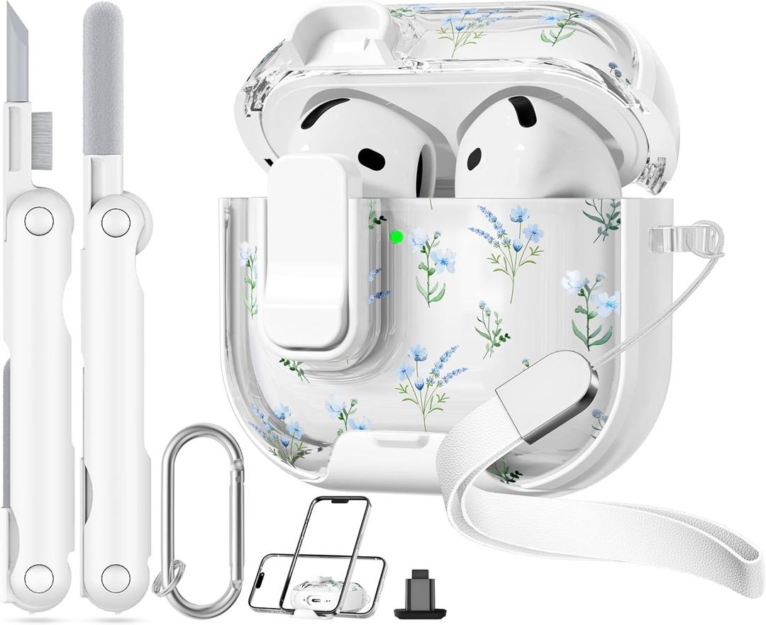 With Safety Lock for Apple AirPods 4 Case,Clear Floral Cute AirPod 4th Generation Case with Phone Stand & Cleaning Kit for Women Girly-Blue Narcissus
