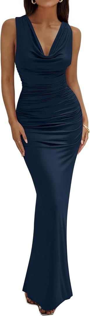 BTFBM Cocktail Dresses for Women Spring 2026 Cowl Neck Sleeveless Ruched Slim Fit Maxi Summer Formal Wedding Guest Dress (Blue, XL)