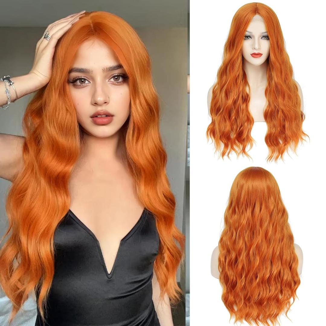 Long Orange Wavy Wigs for Women Middle Part 26 inch Natural Curly Synthetic Wig Heat Resistant Fiber Wigs for Daily Party Use