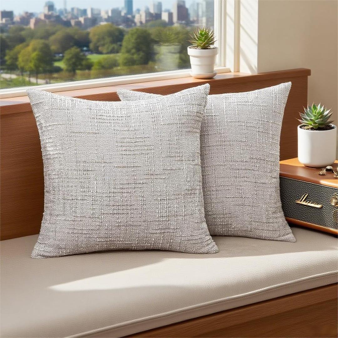 Set of 2 Decorative White Throw Pillow Covers 18x18 No Cusion Inserts, Boho Pillow Cases for Couch Sofa Bed Living Room, Soft Textured Chenille Case with Zipper Gift Home Deco, Greyish-White