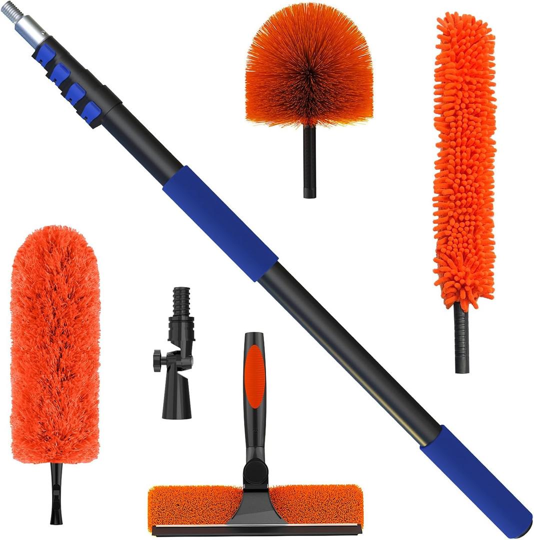 26 Foot High Reach Duster Kit with 5-19 ft Telescoping Extension Pole, High Ceiling Duster, Cobweb Duster, Window Squeegee, Feather Duster, Outdoor & Indoor Extendable Duster Cleaning Kit