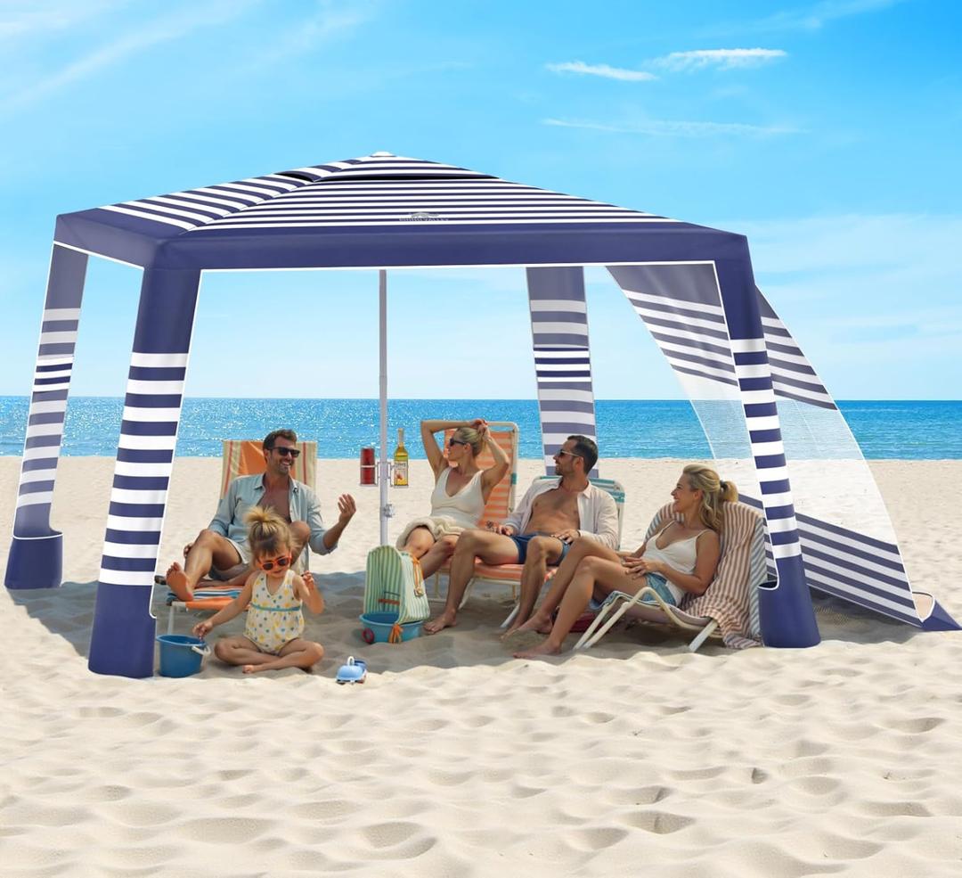 - Rhino Valley Beach Cabana, 8* 8FT Beach Tent UPF50+ Protection, Easy Setup Beach Canopy Wind Resistant with Cup Holder, Compact Beach Shade Foldable Beach Tent Sun Shelter, Blue Stripes