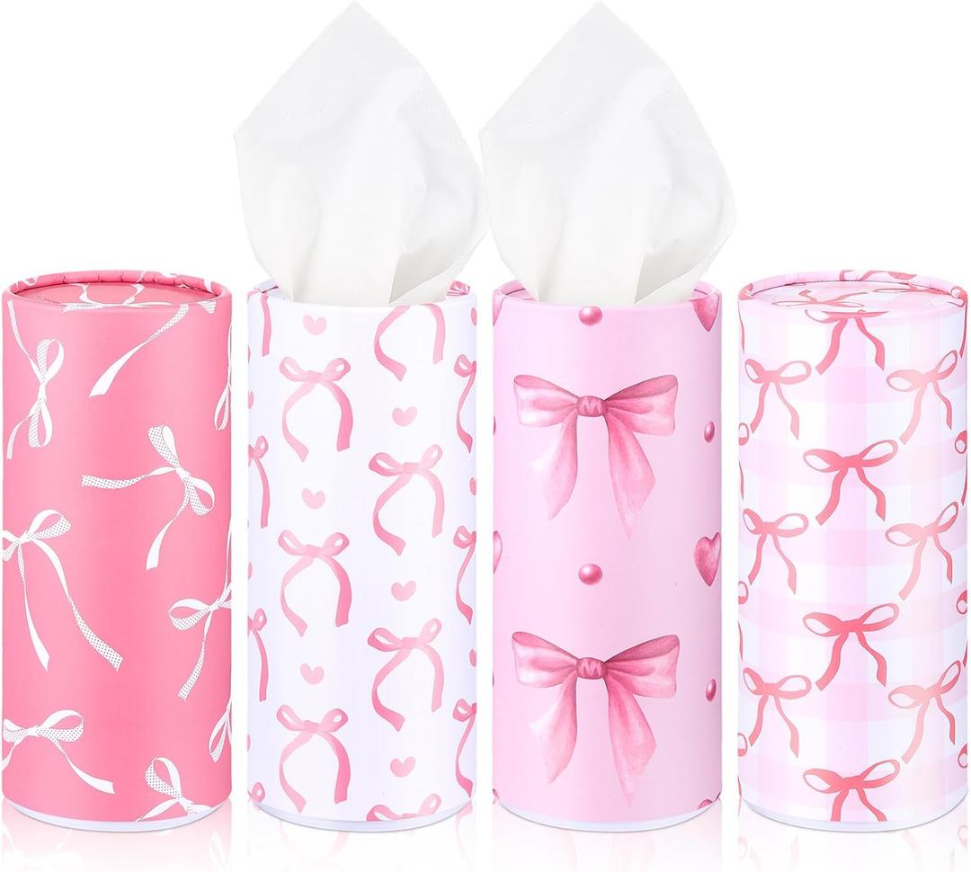 4 Pack Car Tissue Holder with Facial Tissues Travel Tissue Tubes Box Round Cylinder Container for Car Cup Holder Home Bathroom Office Wedding Gifts Decor(Pink Bow)